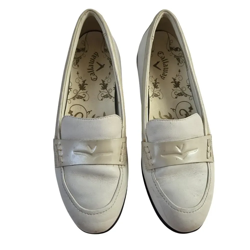 Callaway Couture Women’s Moc Shoes Loafers Ivory with Tan Trim Spiked Sole 8
